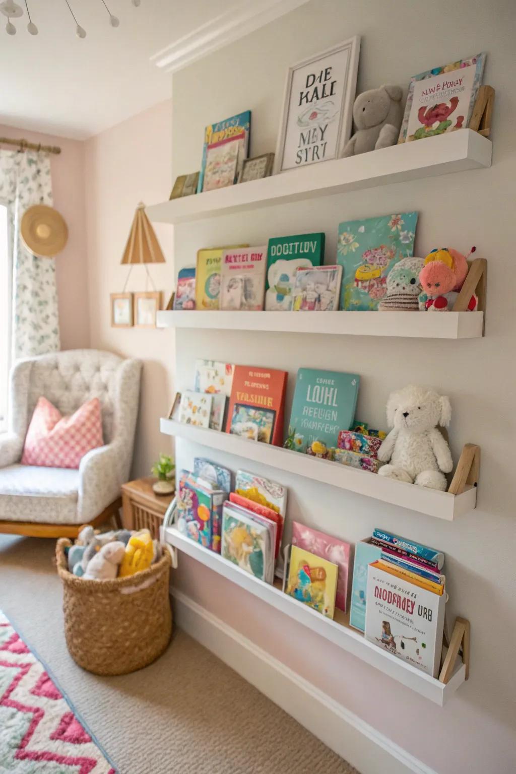 Wall-mounted shelves deliver a neat and streamlined method to store volumes in the nursery.