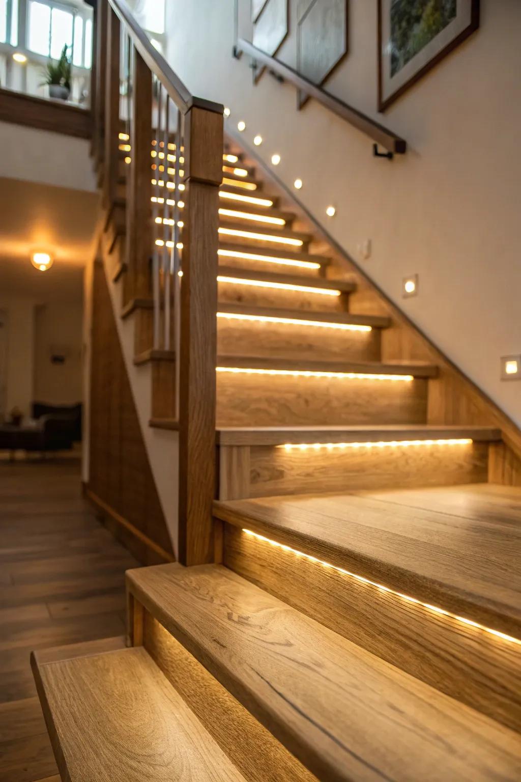 An oak stairway is made luminous through subtle, atmospheric lighting.