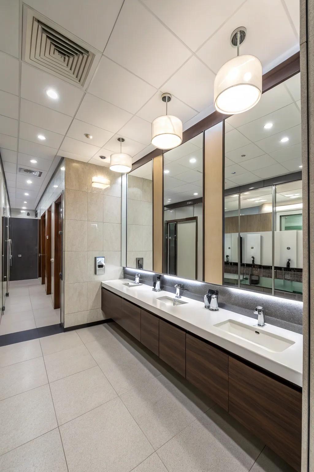 Modern mirrors enhance the contemporary look of the office restroom.