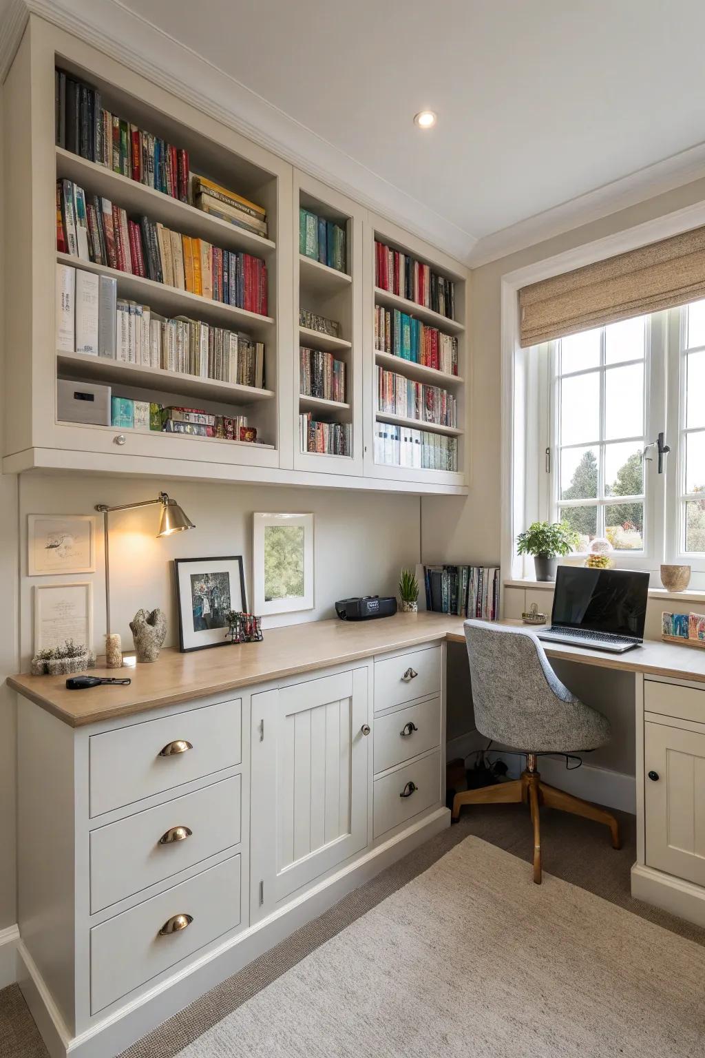 Optimize corner areas using tailored office cabinets.