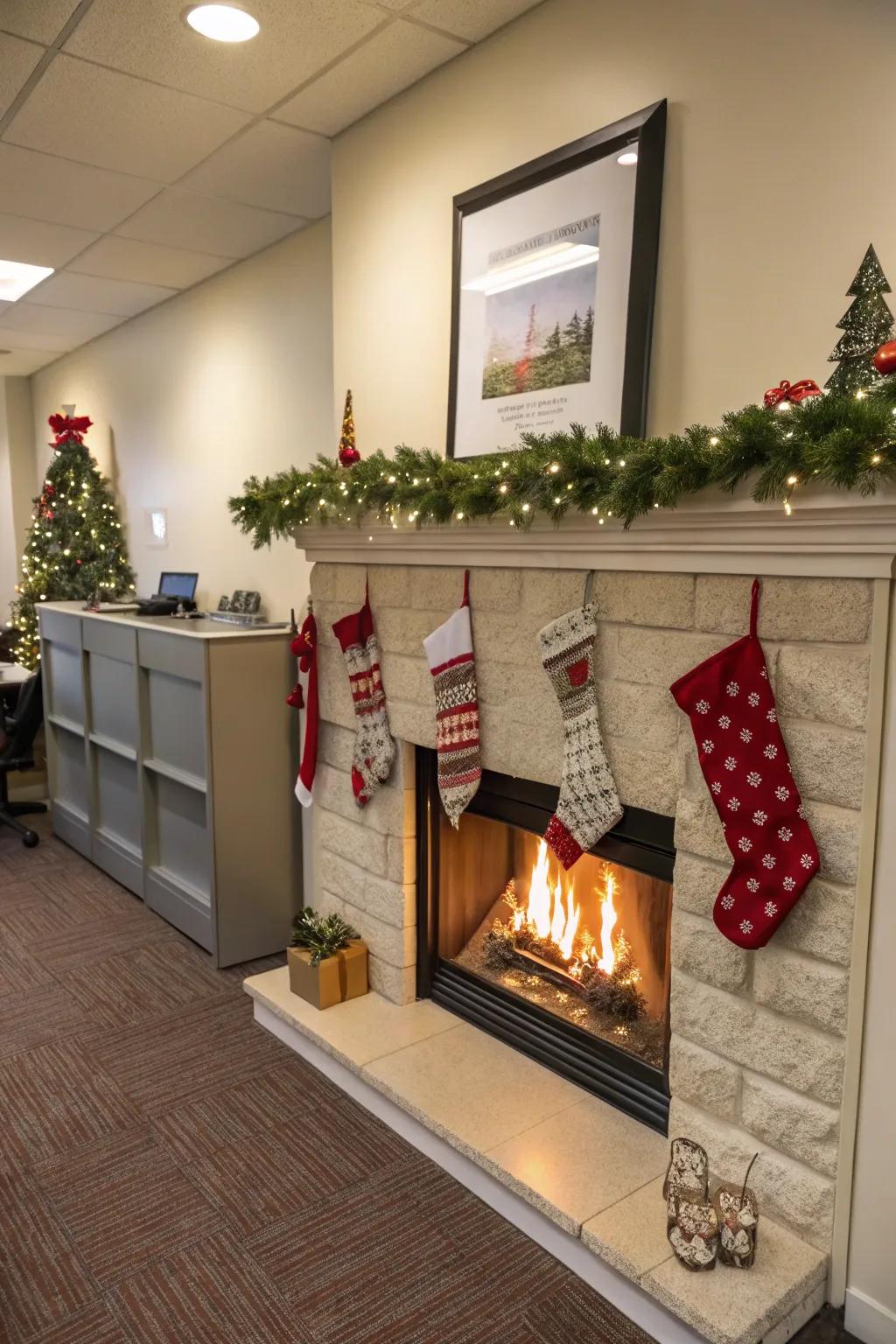 A cozy space with a hearth theme adds warmth to any office.