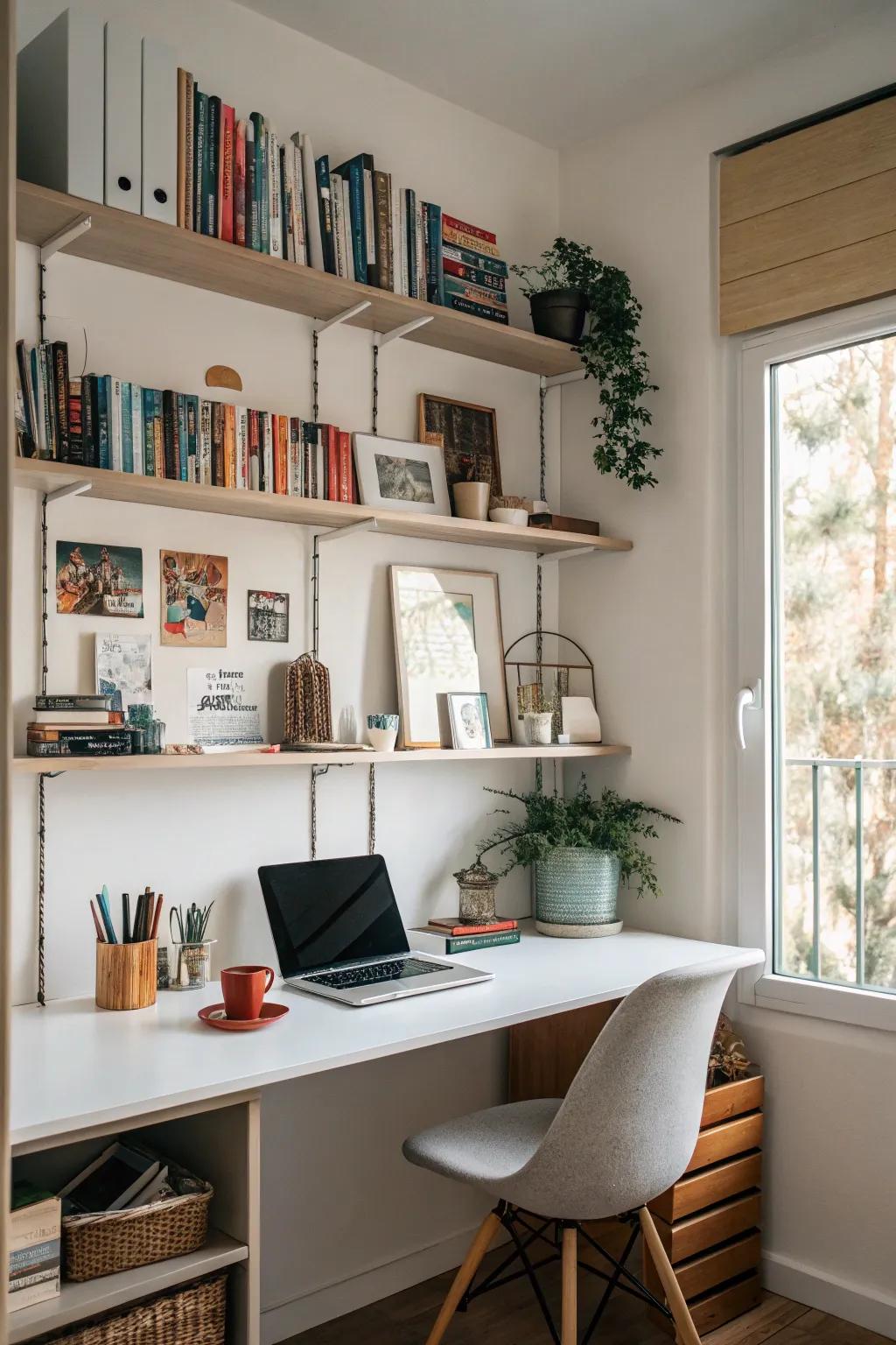 Vertical shelving helps keep your workspace organized and free of clutter.