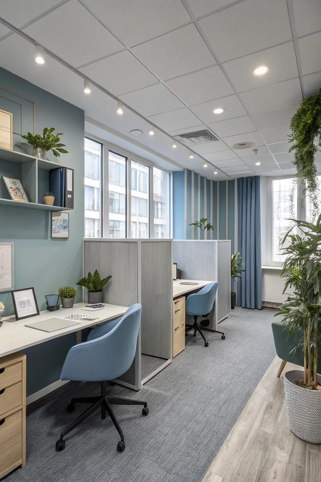 Gentle gray and blue tones create a calming atmosphere, perfect for a reading room.