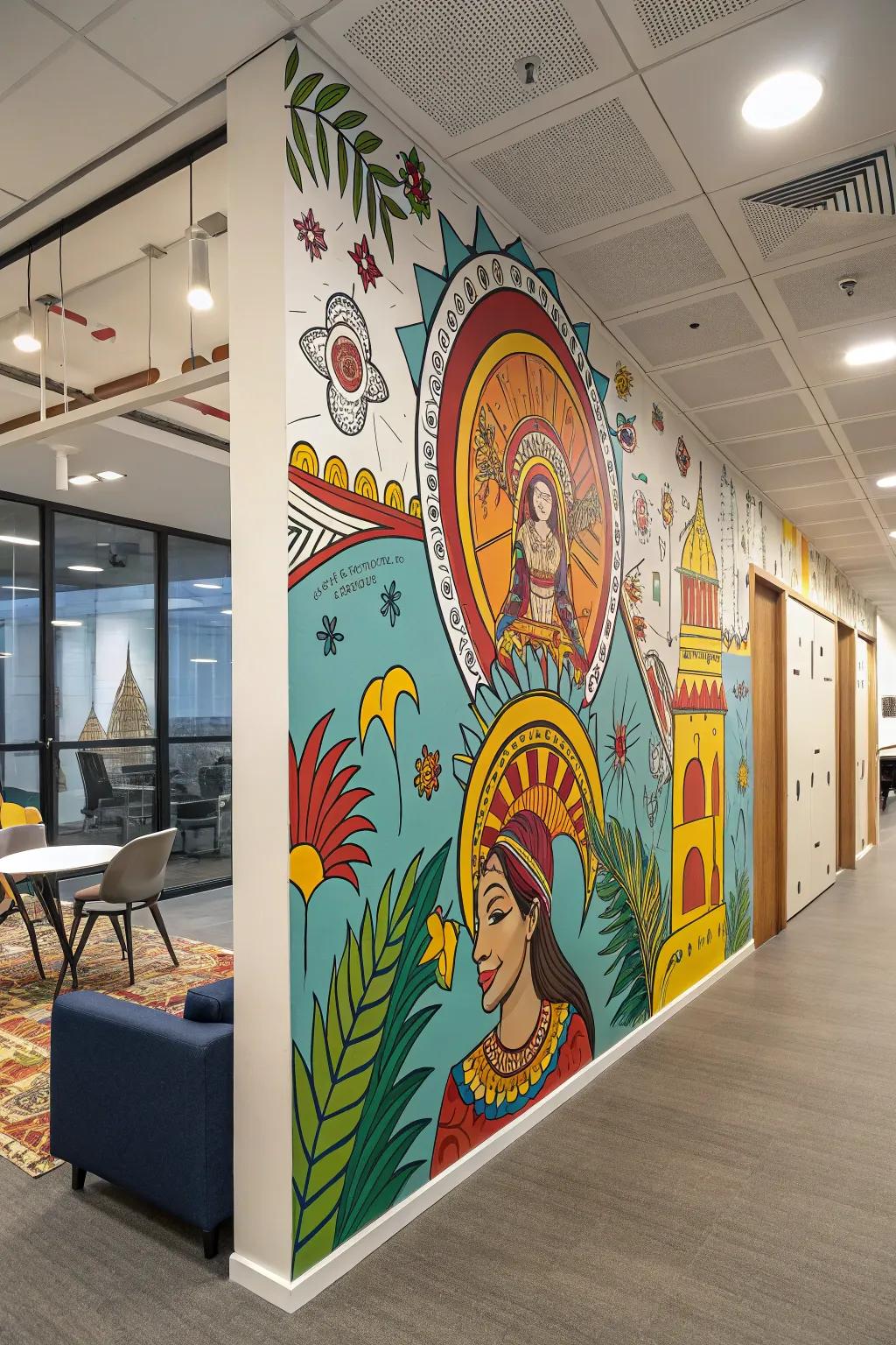 Introduce unique cultural sophistication to your workspace with artistic murals.