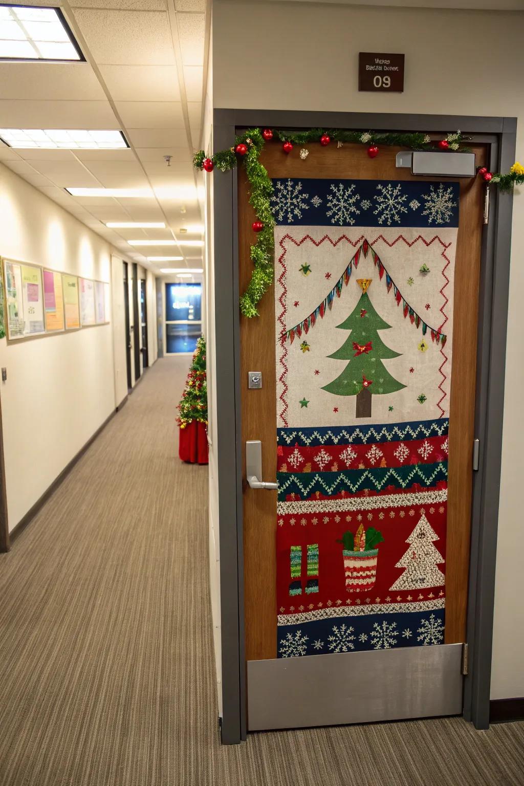 Rejoice in the peculiar allure of holiday sweaters with your door decor.