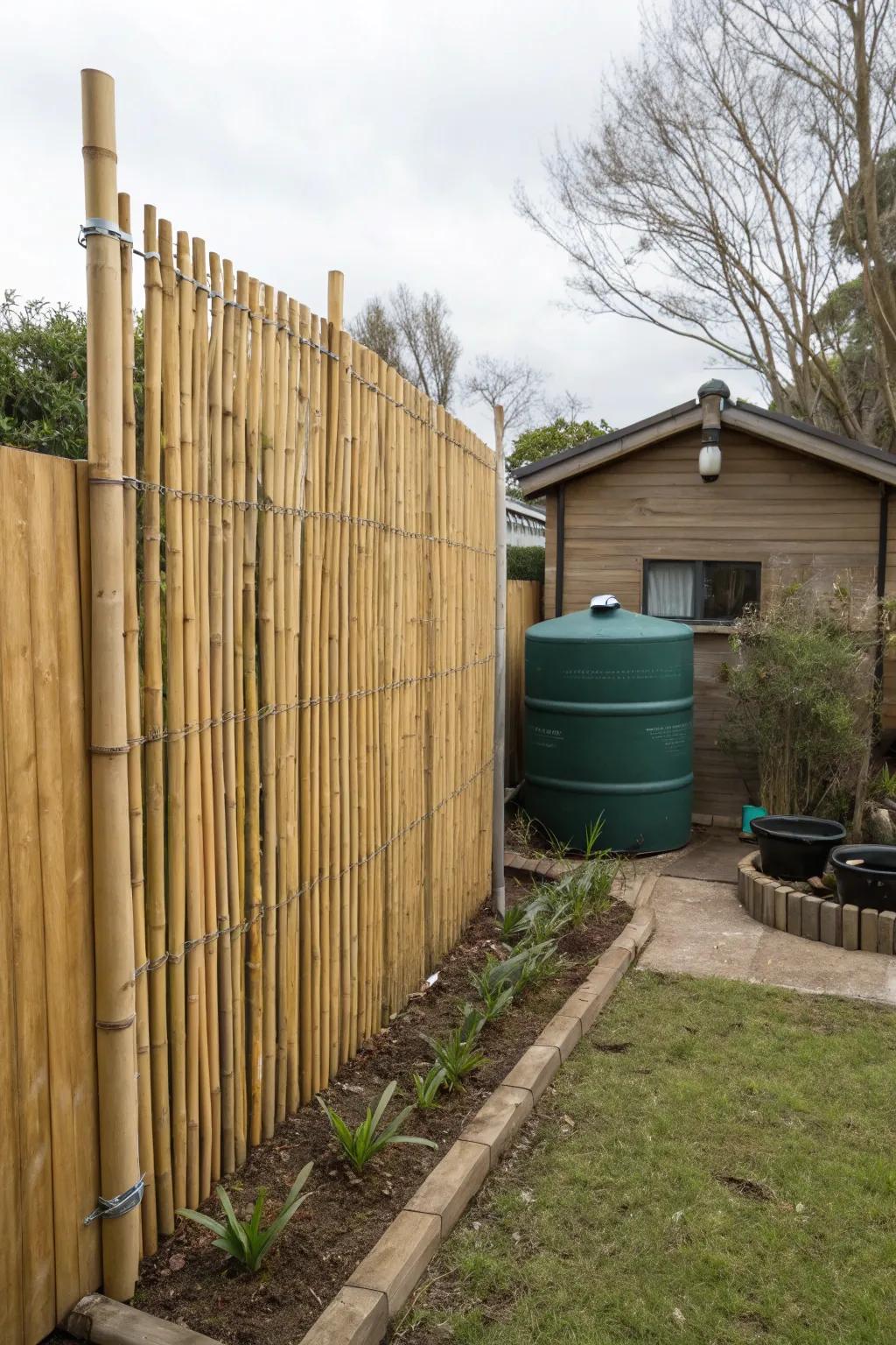 A fuel container elegantly obscured behind a bamboo barrier.