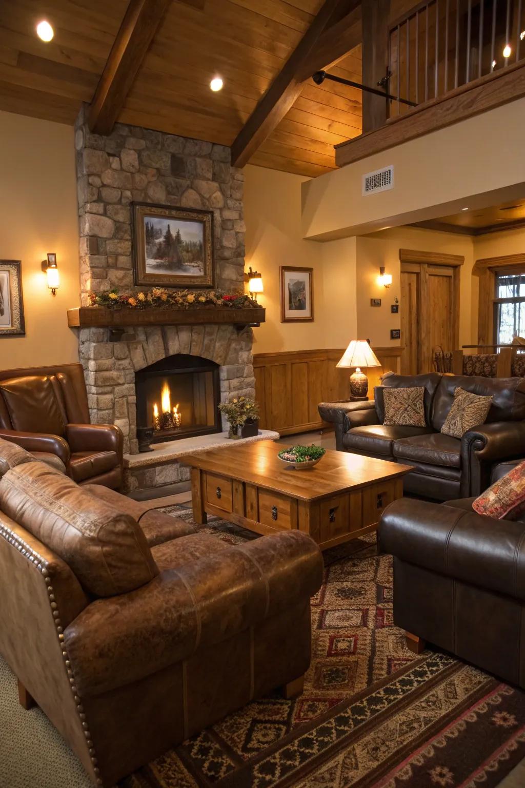 A cozy lodge living room with comfortable leather sofas and soft seating.