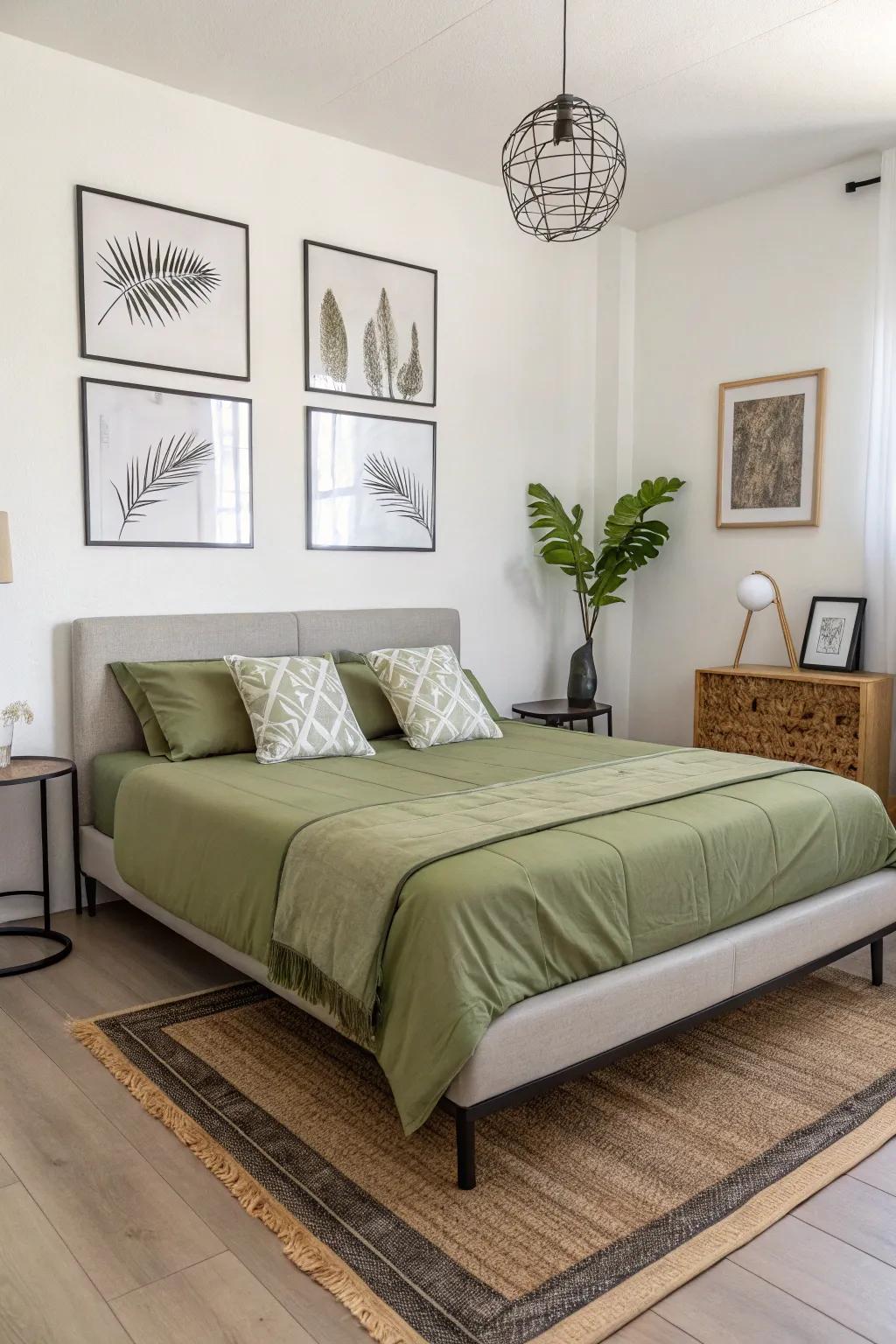 The simplicity of the decor brings forward the elegance of the olive green bedding.
