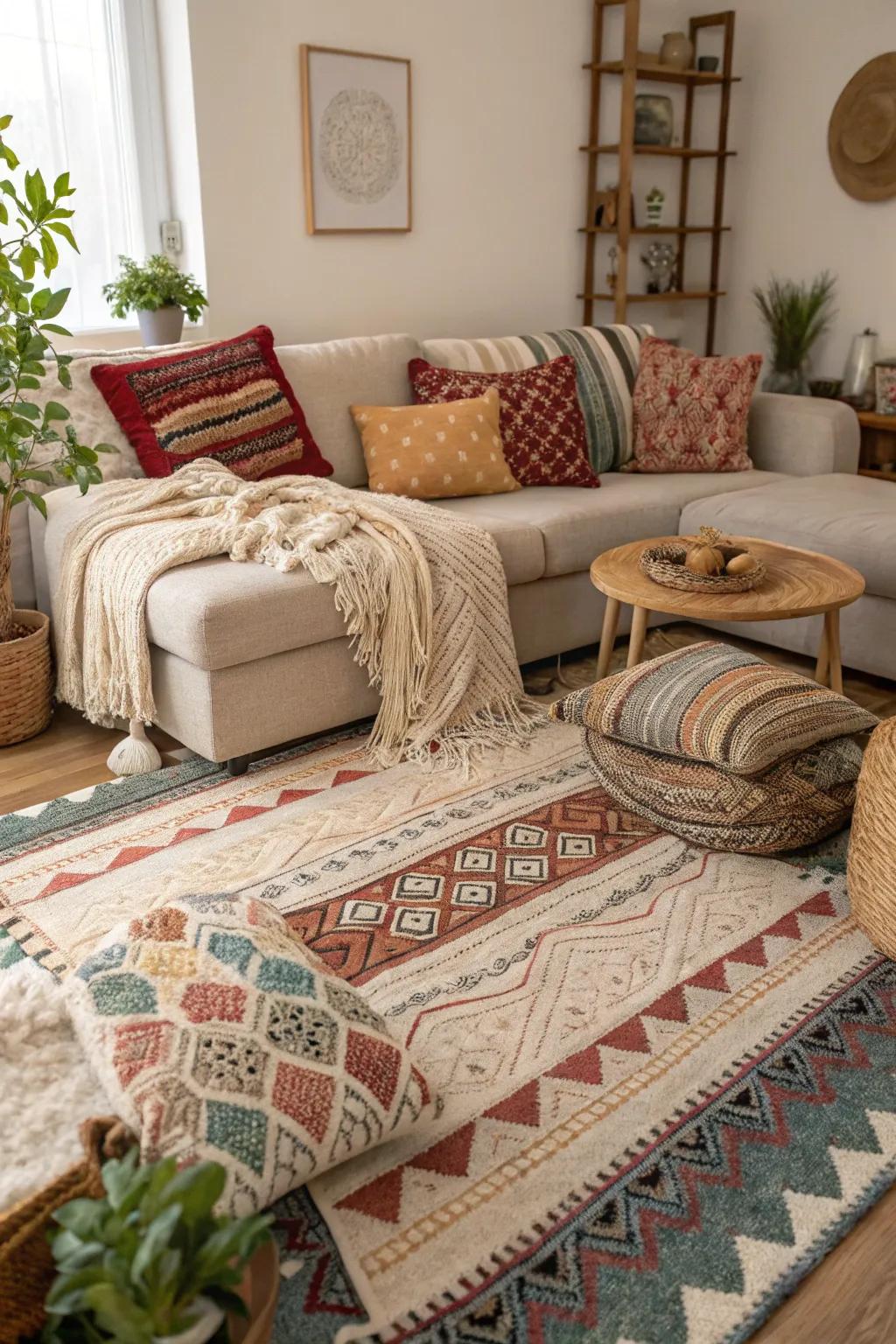 Layered textiles contribute warmth and texture.