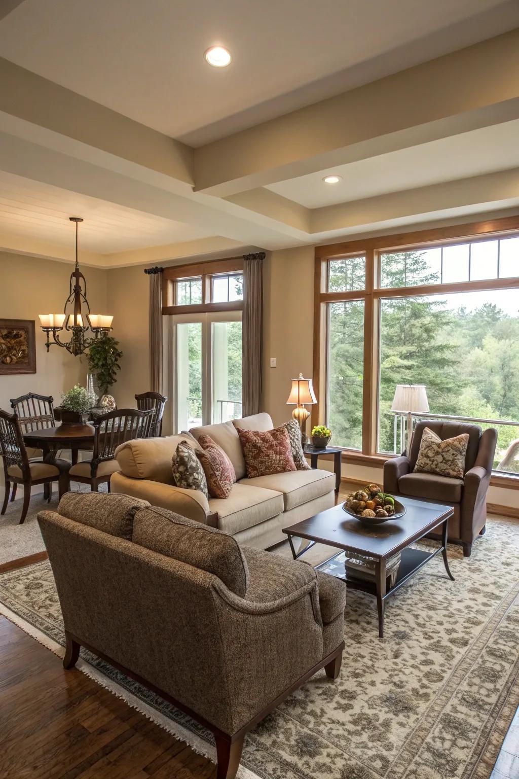 Furnishing layout generates purposeful zones within the area.