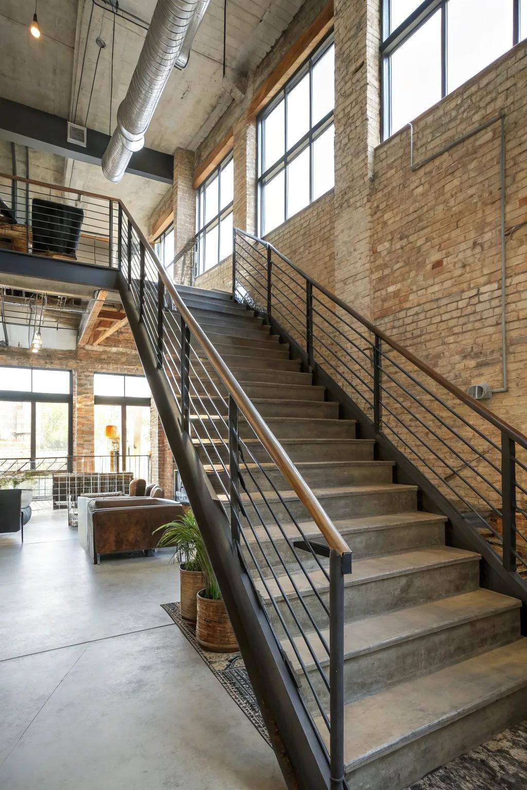 Industrial elements give this staircase a chic, urban feel.