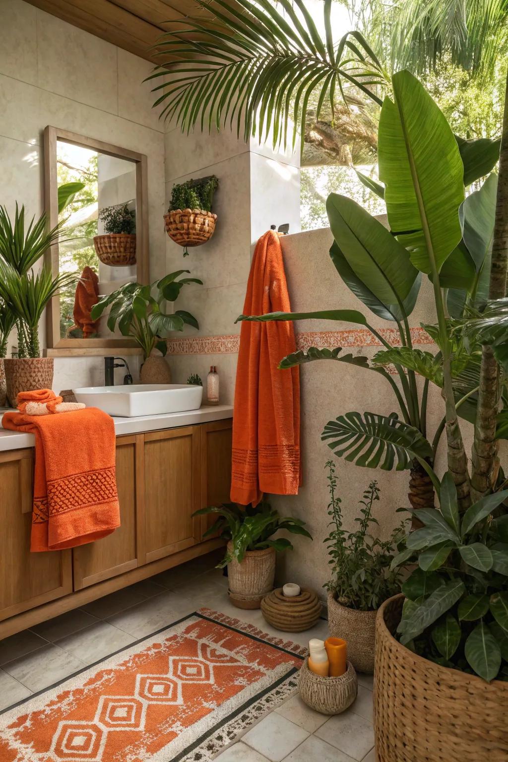 Exotic atmosphere created by combining orange accents with tropical green plants.