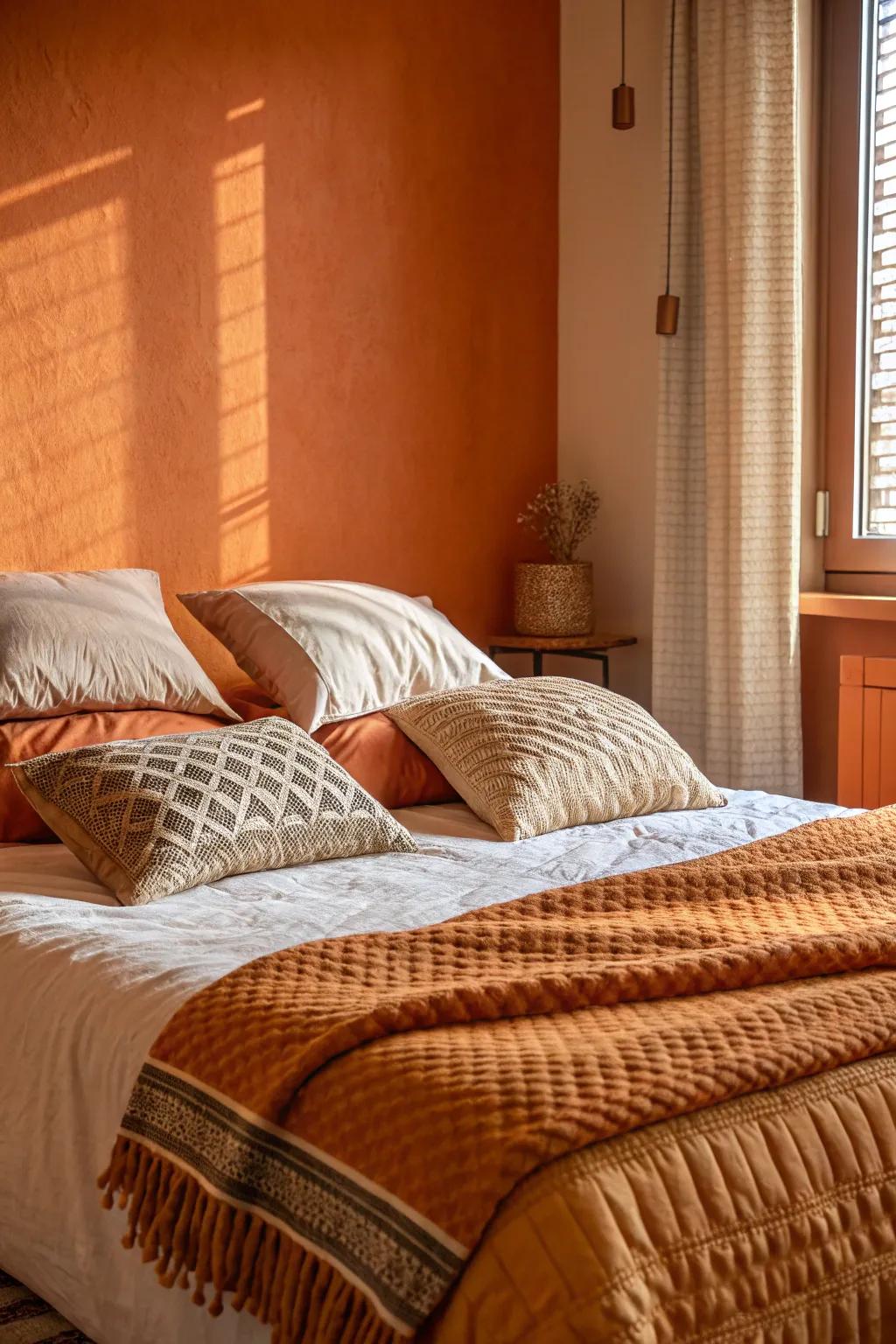 Textured linens add depth and balance the boldness of orange walls.