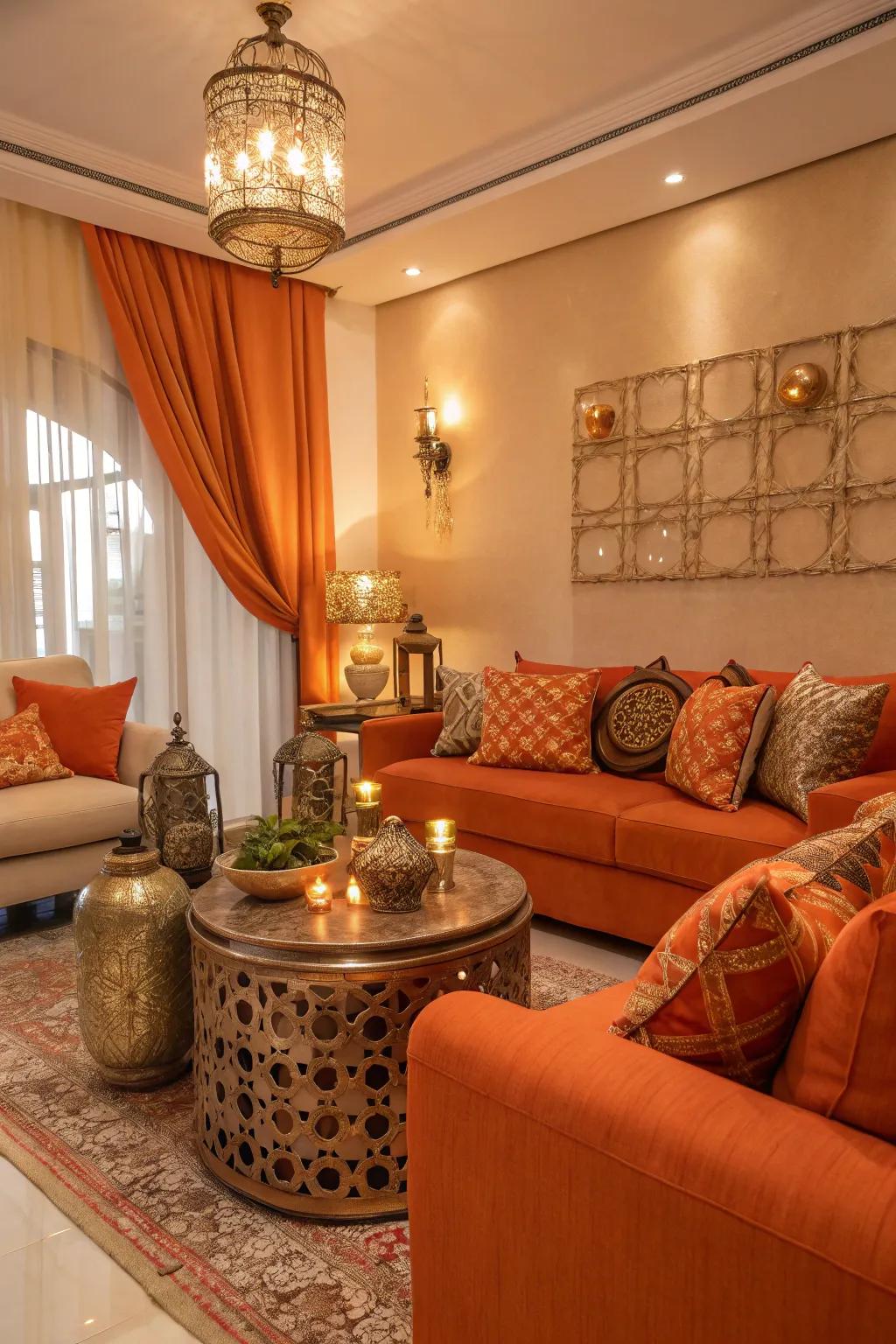 An elegant living space with orange design and metallic accents.