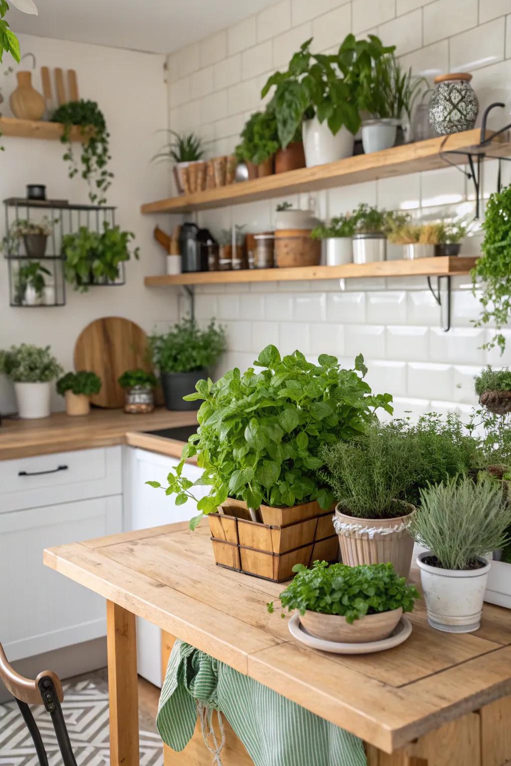 Plants fill the kitchen with a natural vibrancy and freshness.
