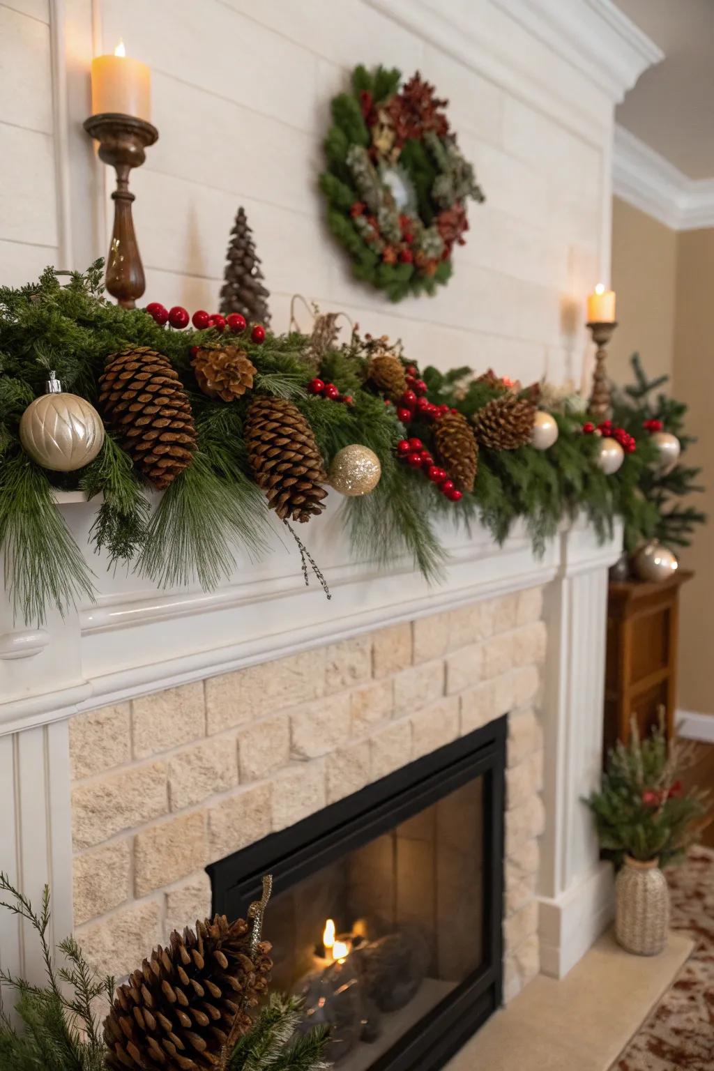 An earthy hearth incorporating ornaments and foliage.