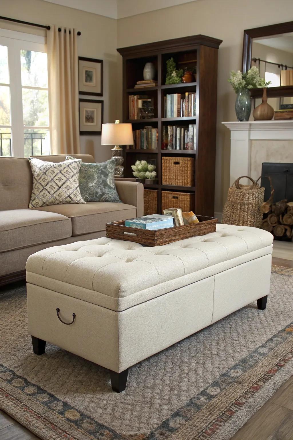 A storage ottoman bench maintains the order and style of living spaces.