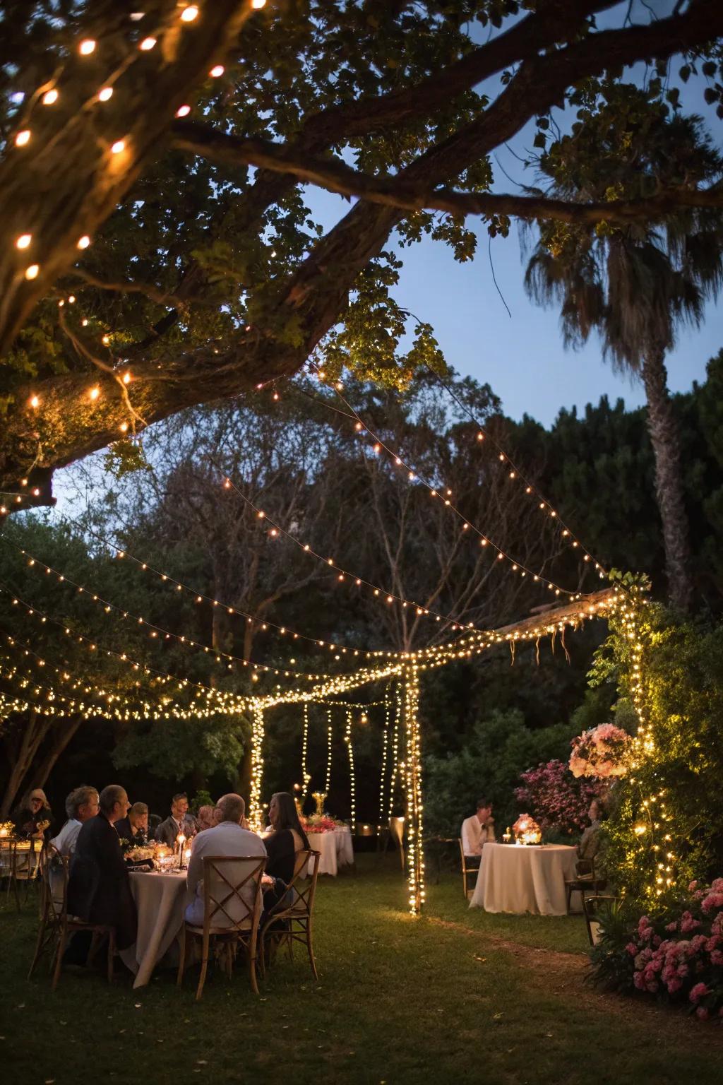 Captivating connected lighting illuminating an outdoor wedding gathering.