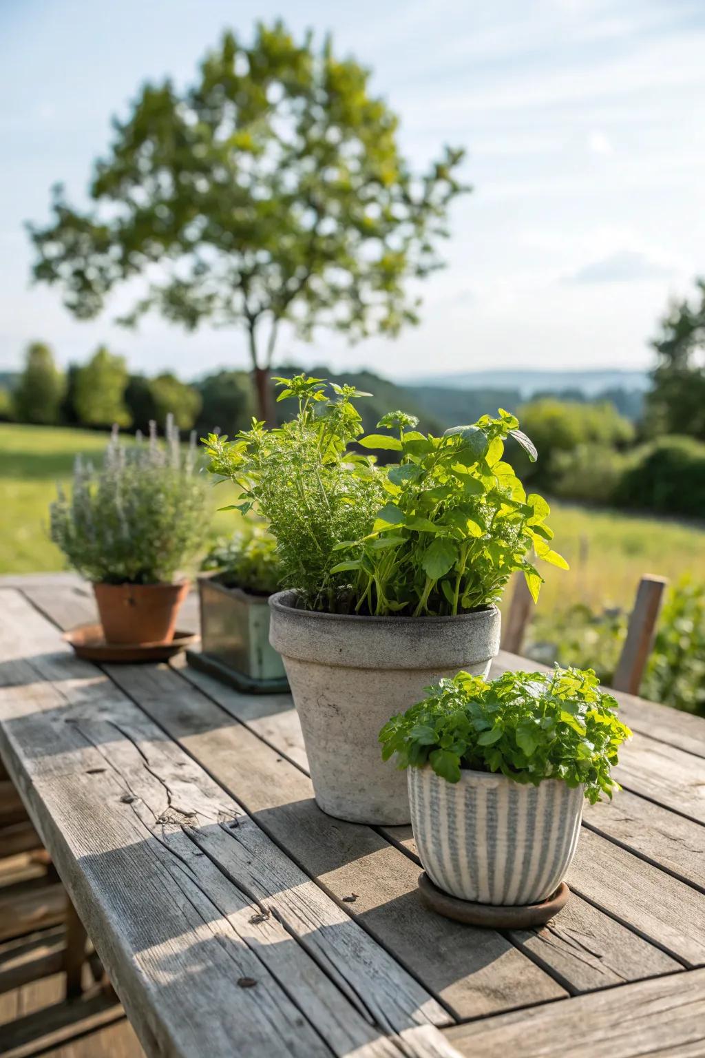 Potted herbs introduce a delightful aroma and visual appeal.