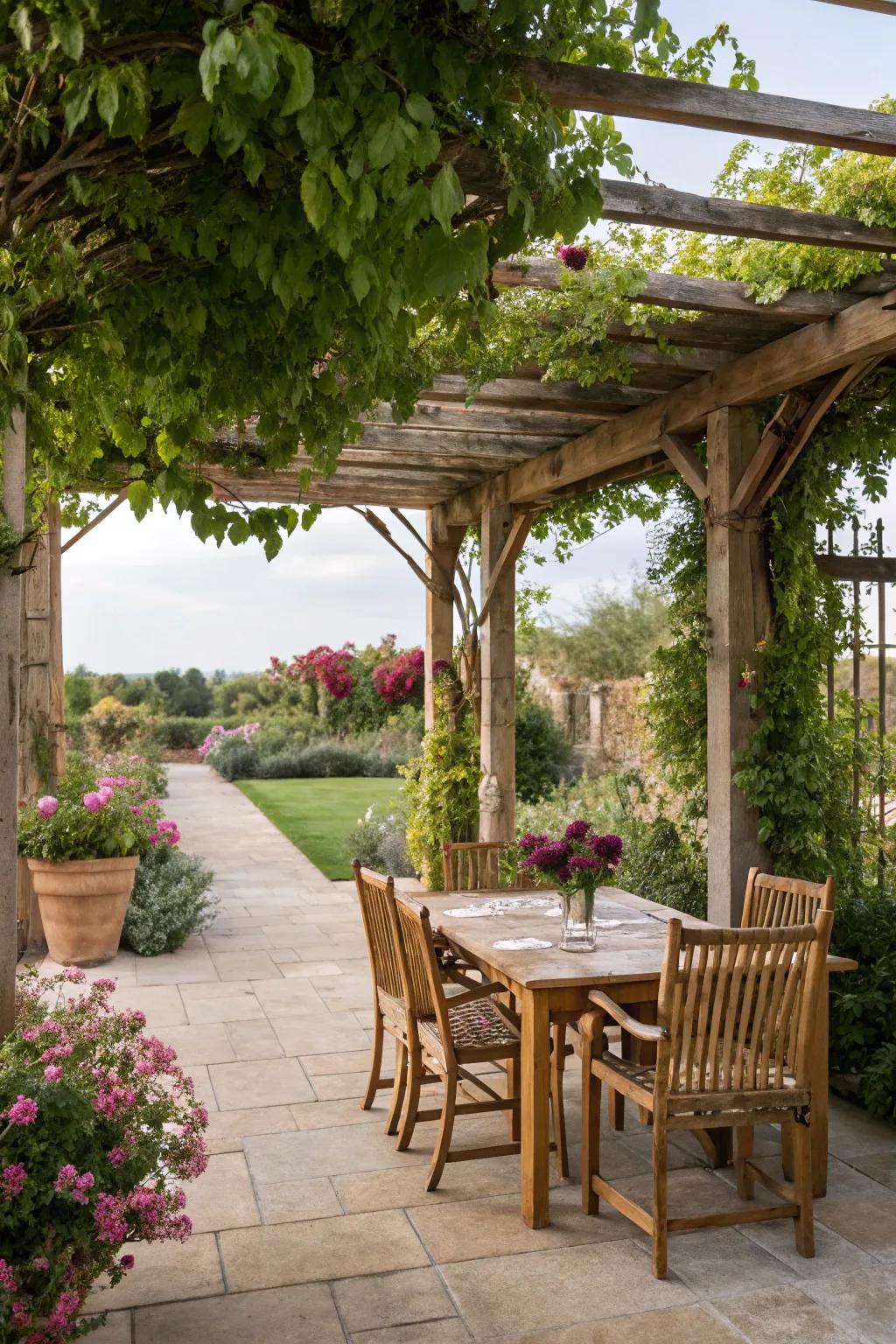A wooden pergola affording shade and flair to the garden.