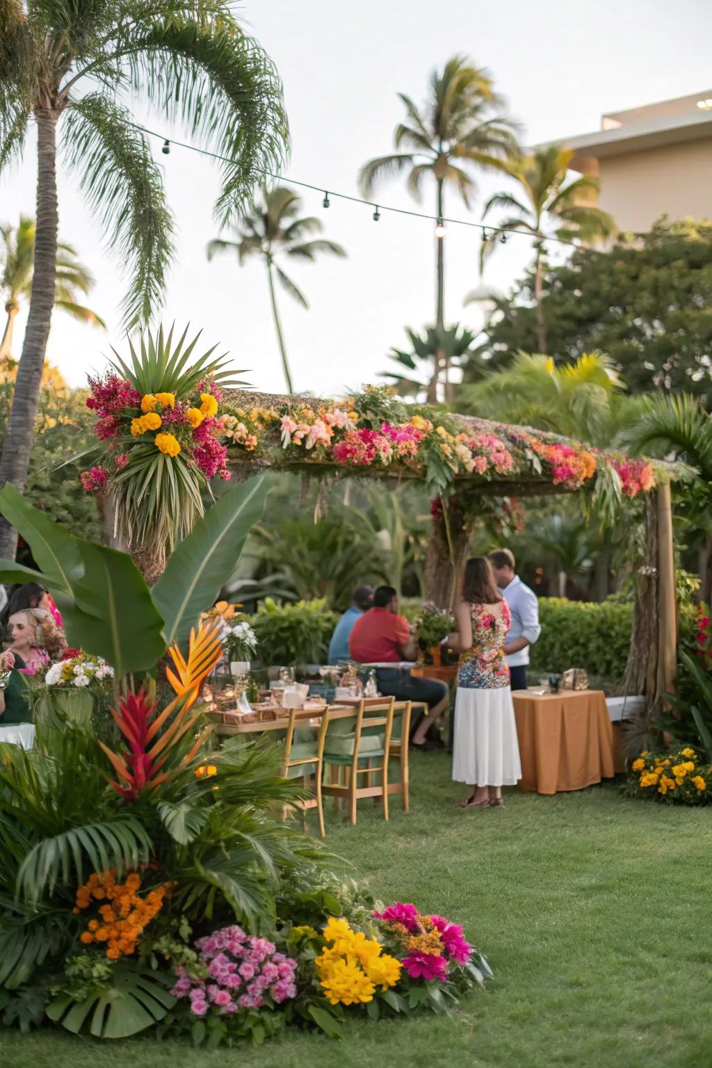 A tropical getaway featuring vibrant blooms and palm fronds.