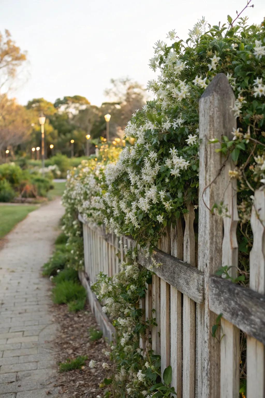 A timber enclosure embellished with fragrant climbing jasmine.