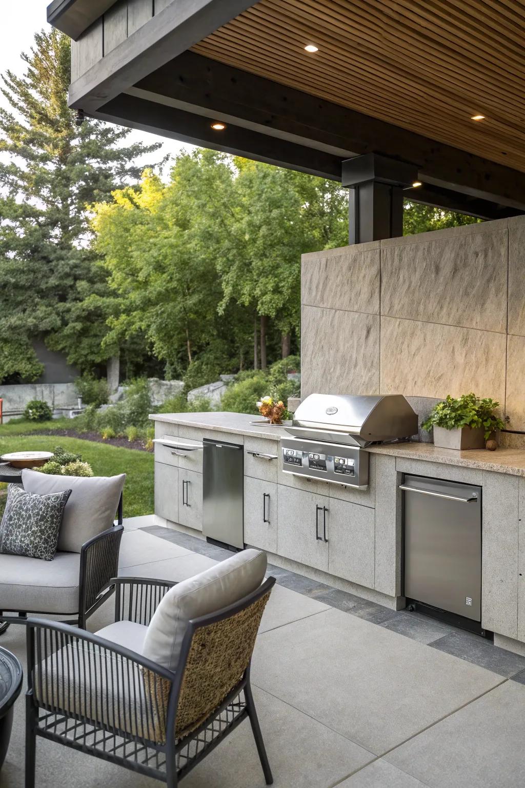 Textured concrete backsplashes offer a contemporary, industrial feel.