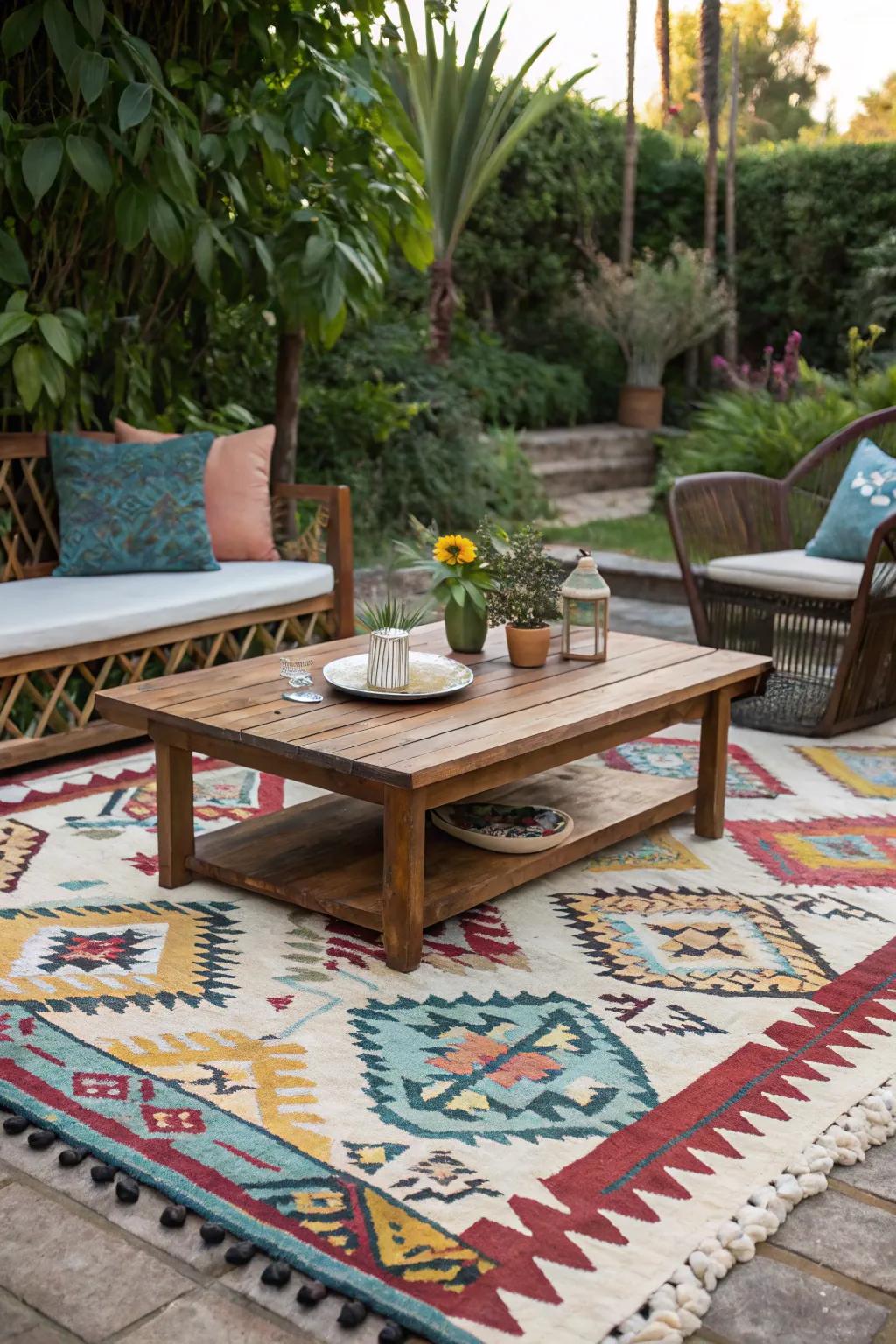 A vibrant carpet infuses color and definition into your outdoor living space.