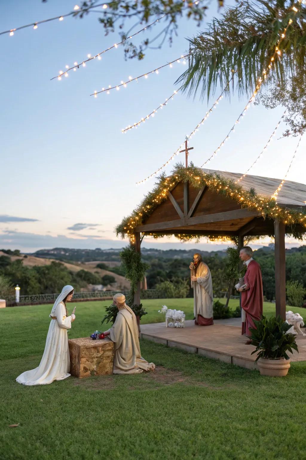 Create a grand impression with full-scale nativity figures.