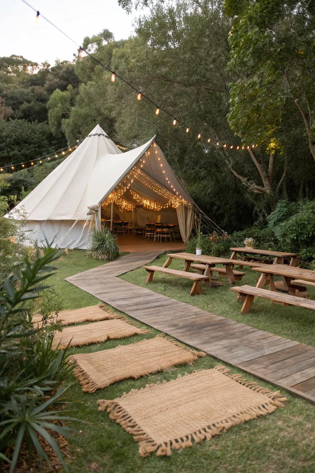 Organic fiber ground coverings provide a rustic charm to outdoor spaces.