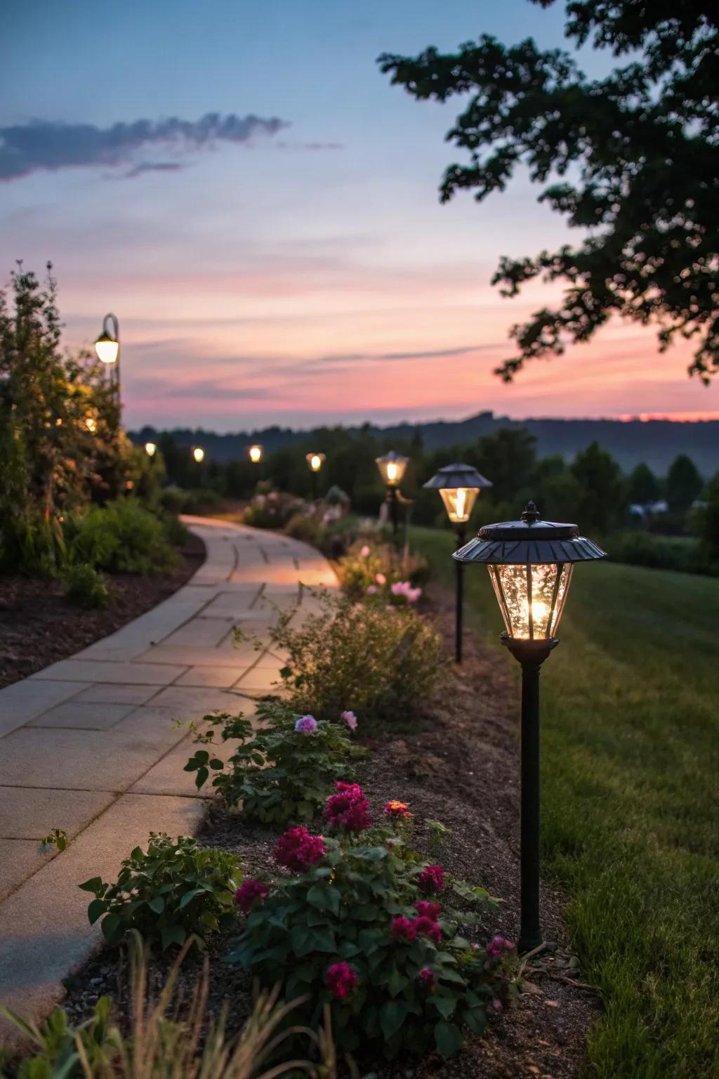 Environmentally friendly solar lights illuminate your path.