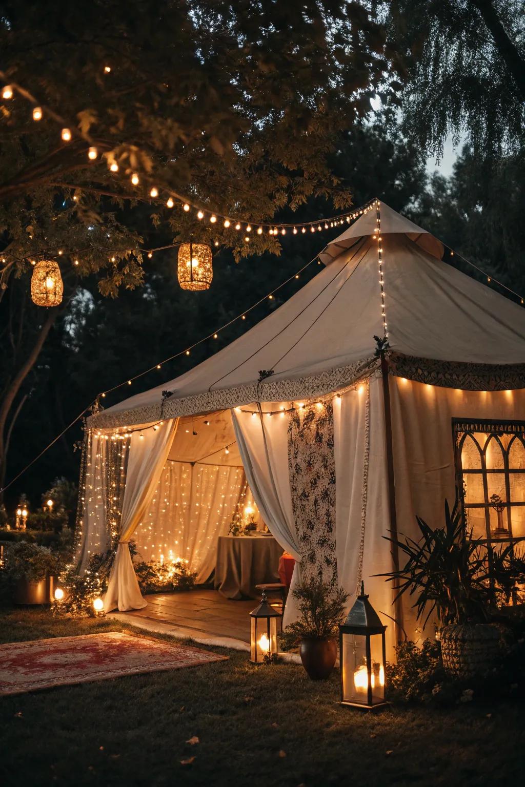 Subtle lighting introduces warmth and enchantment to a night celebration.