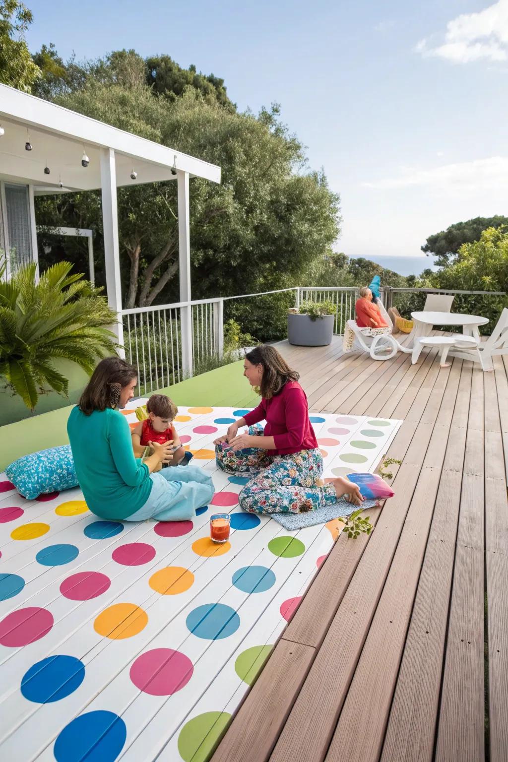 A playful dot design on a deck, making it an attractive space for families.