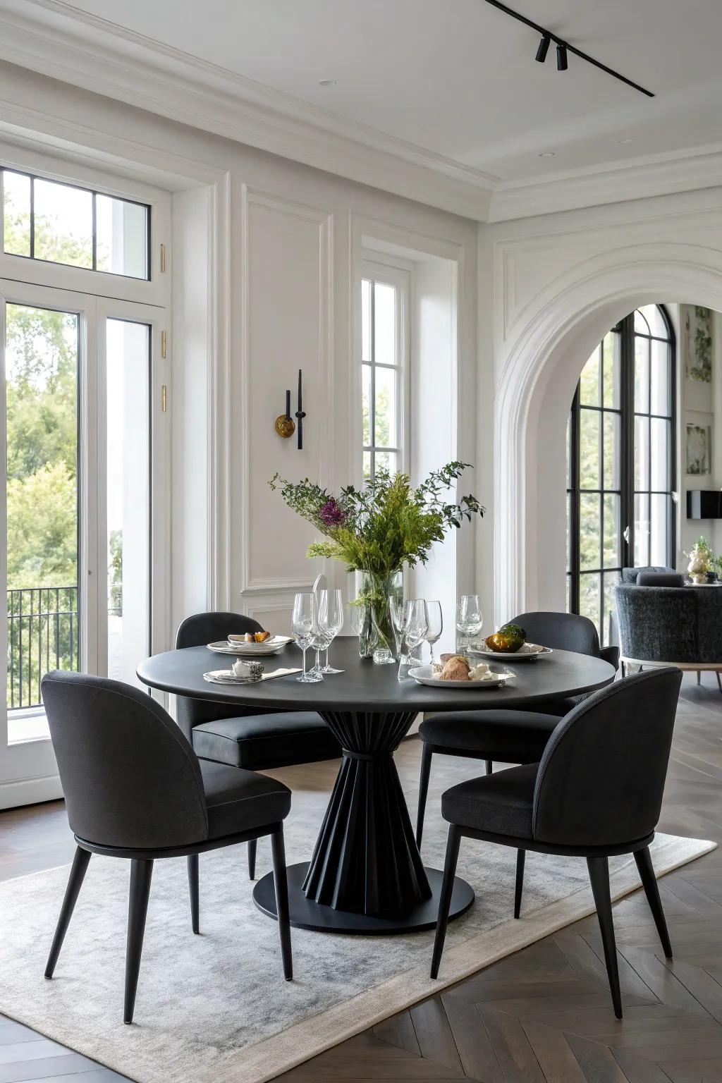 Minimalist black finish infuses a contemporary chic into your table.