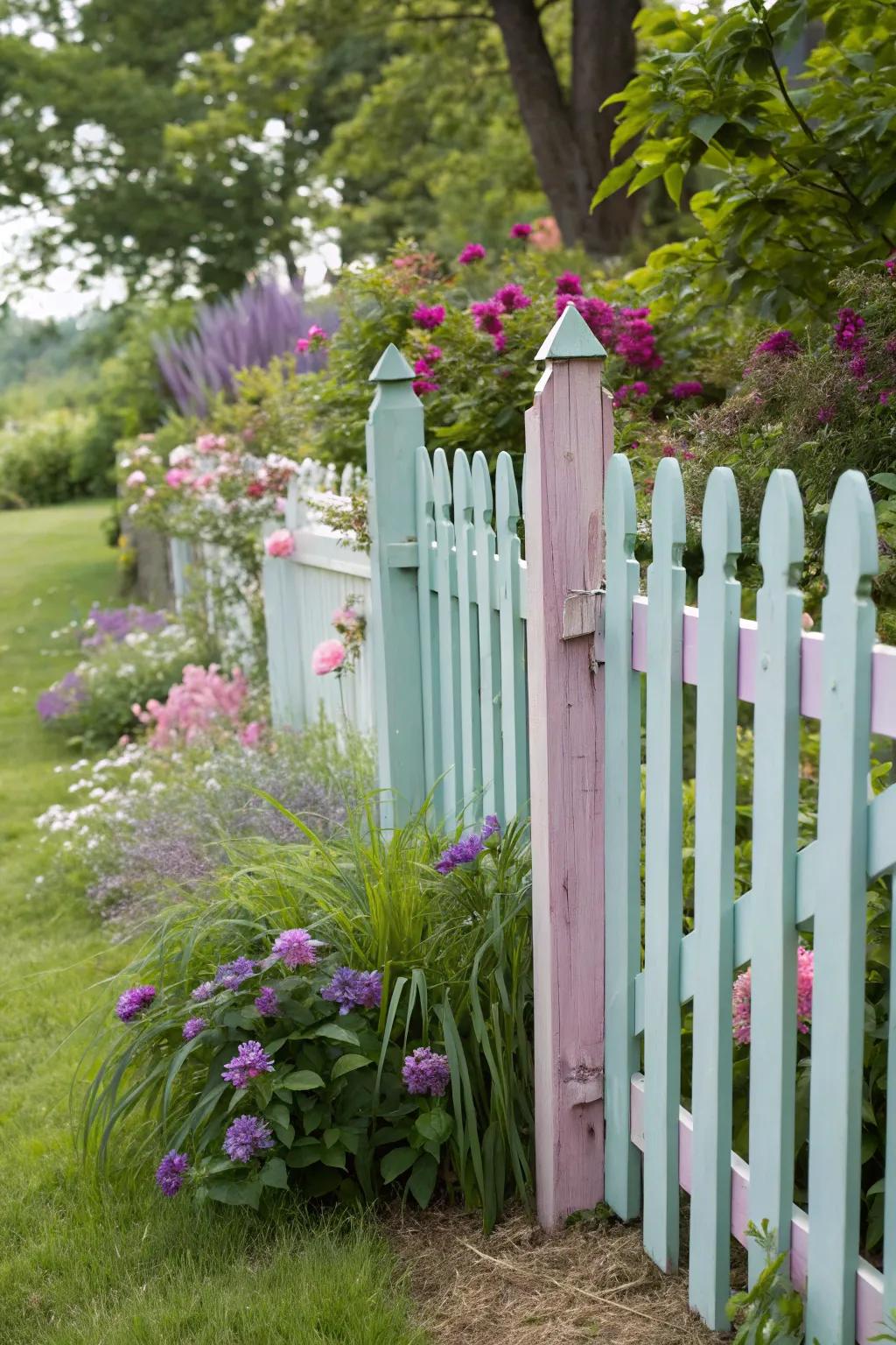 A delightful pastel fence nestled in a tranquil garden.