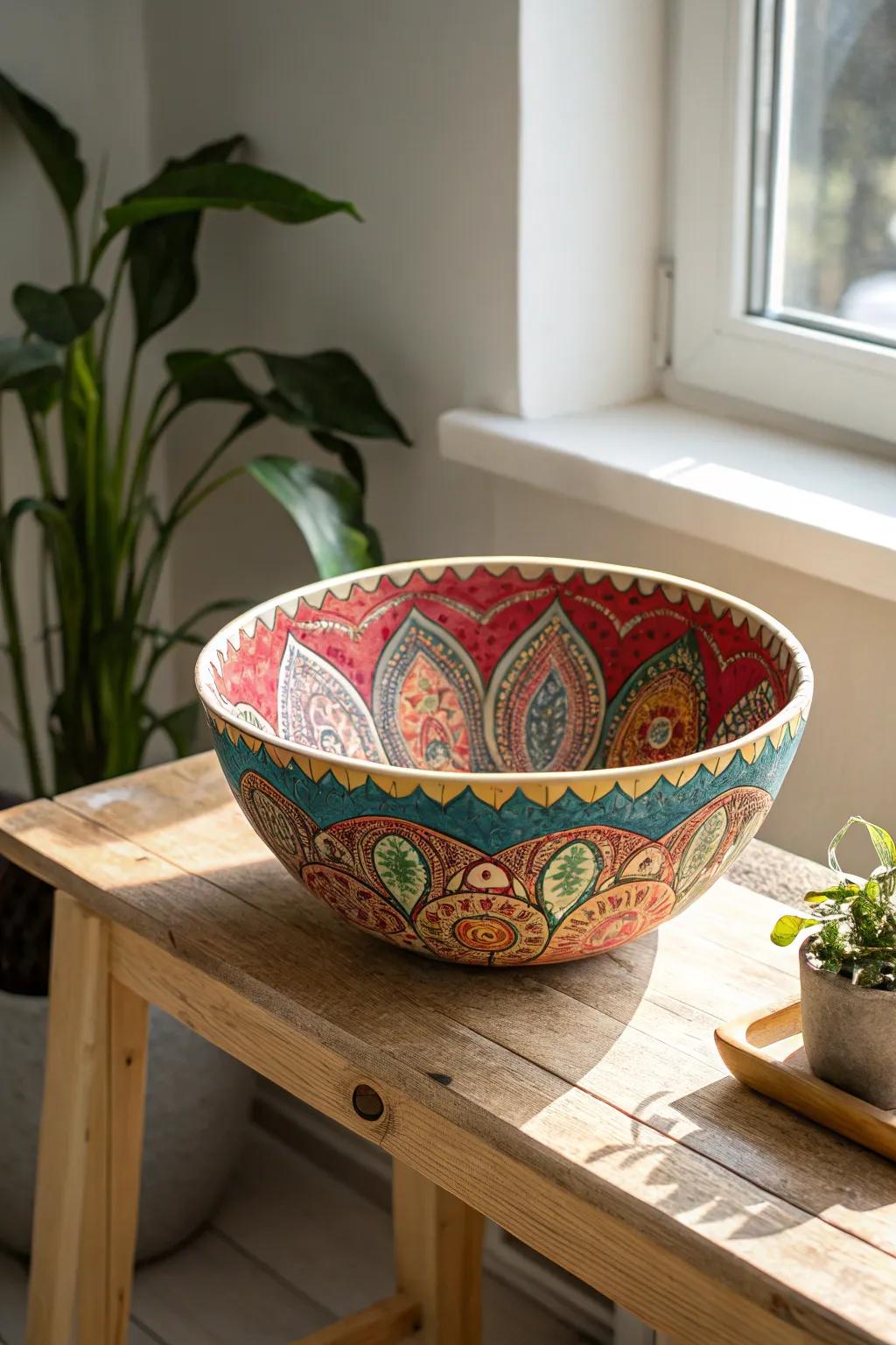 Elevate your table setting with an explosion of color and ingenuity. This radiant decoupage bowl infuses artistry into everyday instances.
