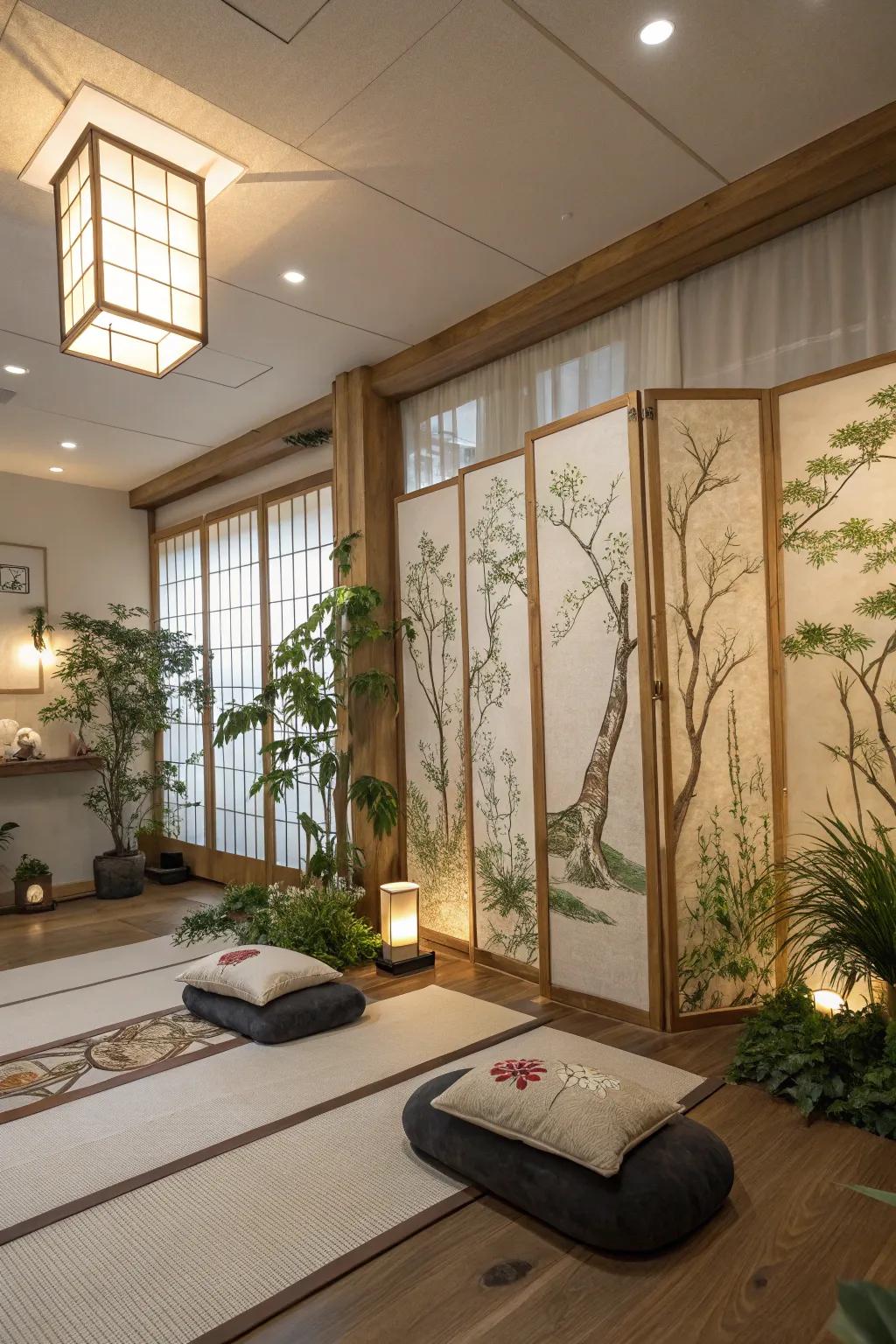 Tranquil space featuring panels with natural elements for a Zen ambiance.