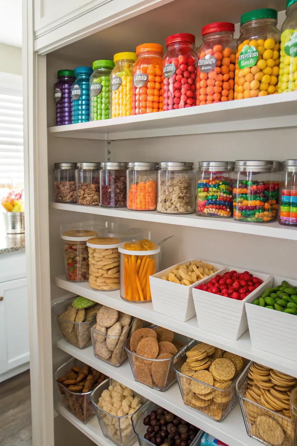 Color-coded zones add a lively and organized element to snack storage.