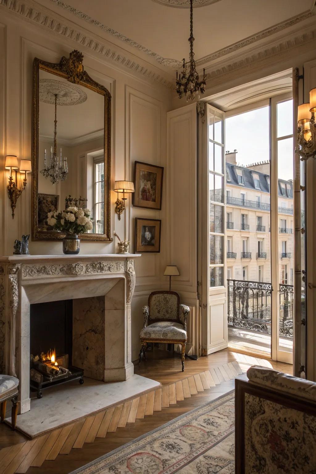A fireplace forms the heart of the room with warmth and style.
