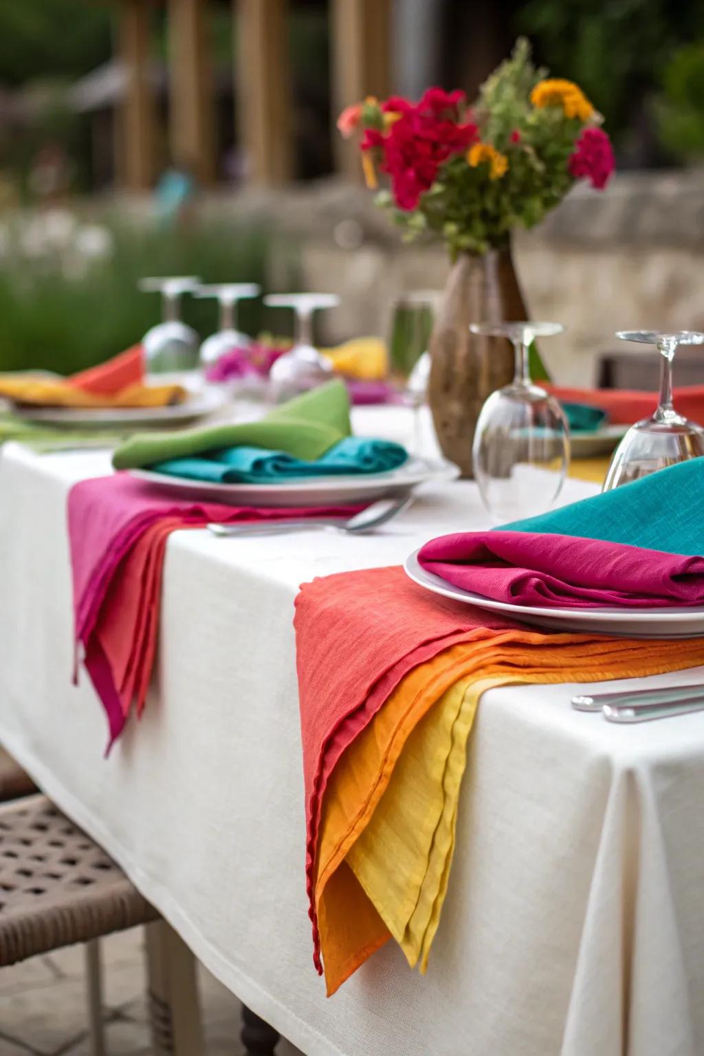 Colorful cloths introduce a cheerful vibrancy to your tablescape.