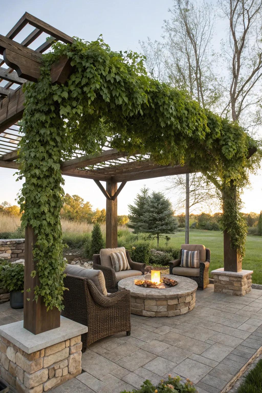 A trellis brings charm and comfort to your firepit zone.