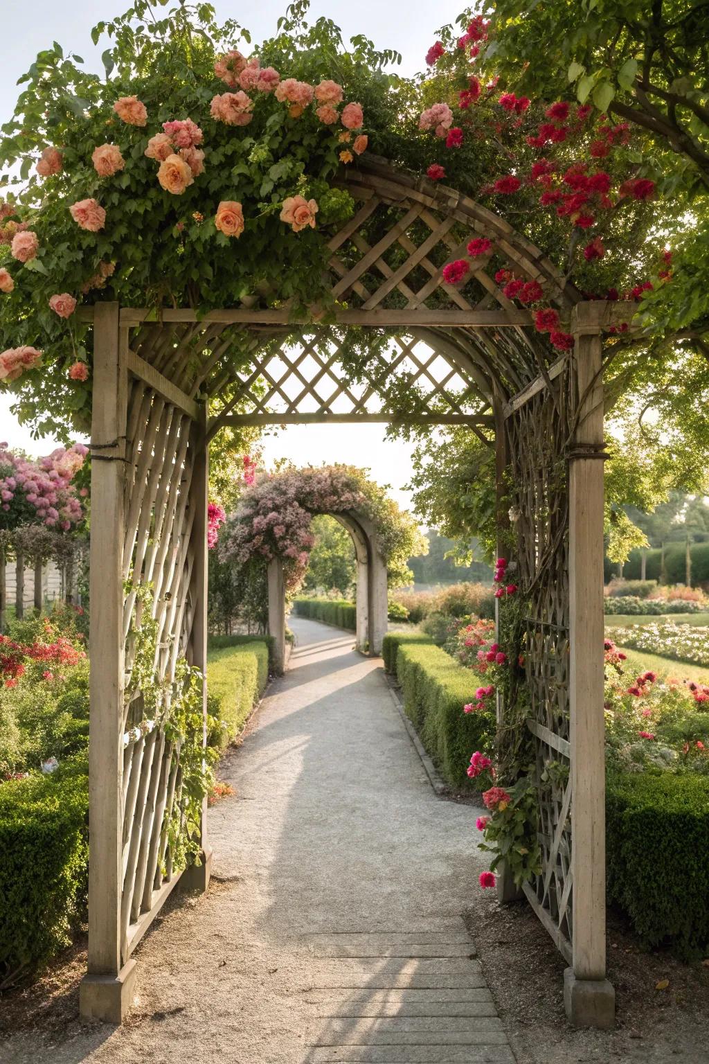 A vine-enshrouded weave gate fashions a welcoming access to your garden pathway.