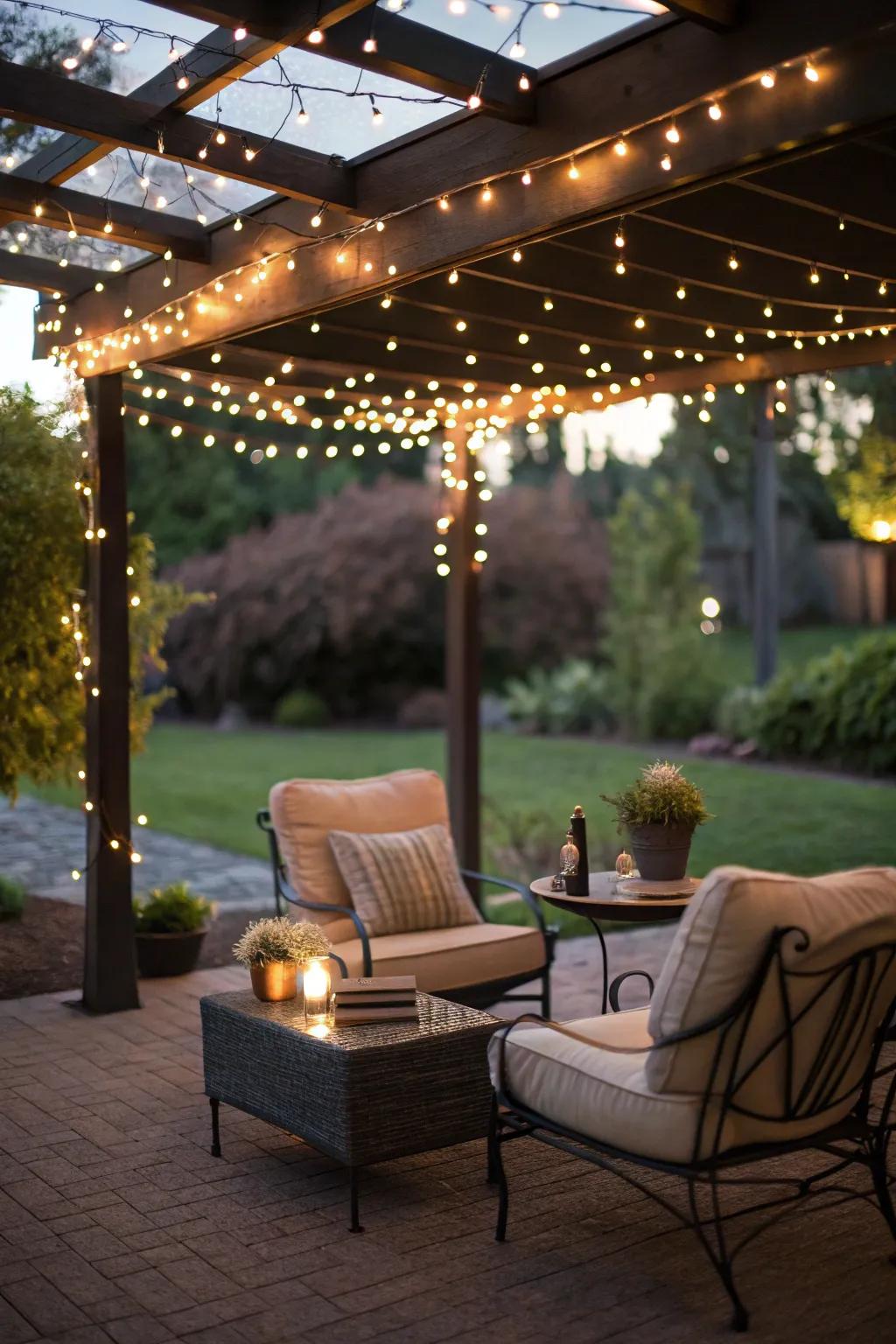 A fairy light canopy infuses whimsy into your patio.