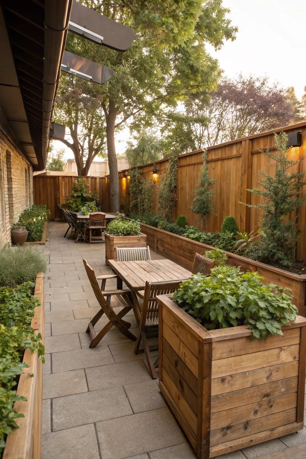 Incorporate rustic charm with wooden planters on your patio.