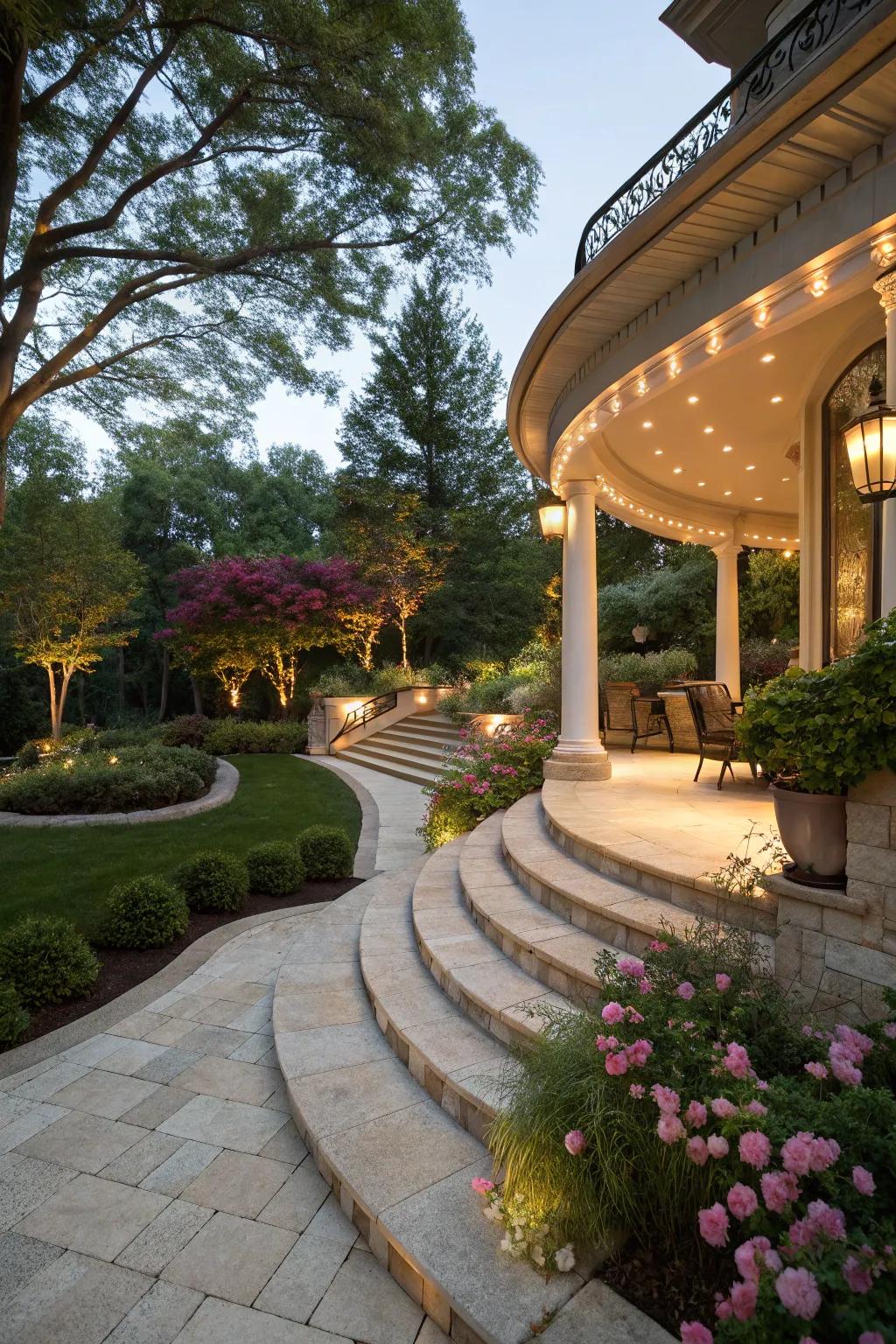 Curved steps offer a sophisticated transition.