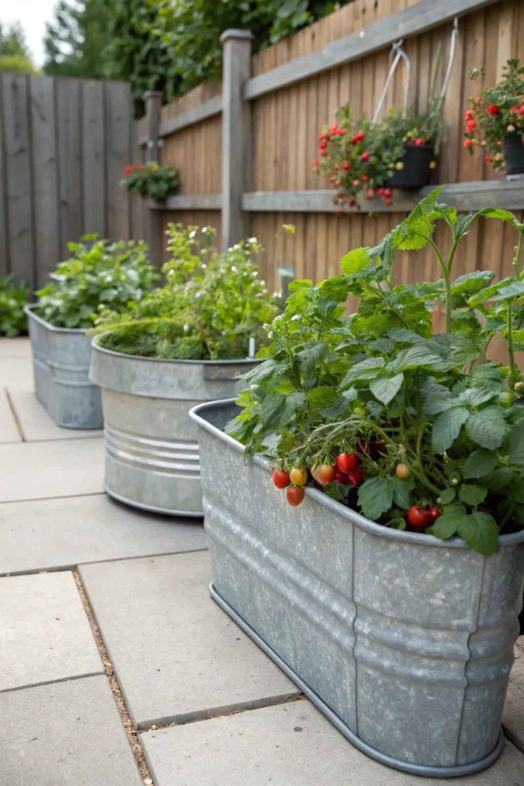 Rustic metallic containers bring charm and functionality to the garden.
