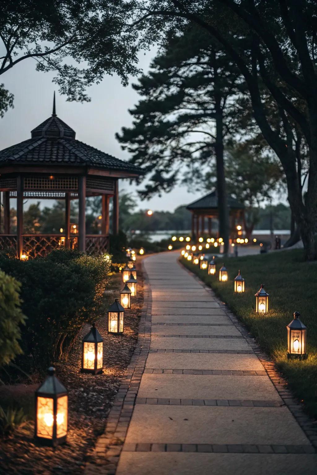 Lanterns compose a heartwarming and welcoming route to the pavilion.