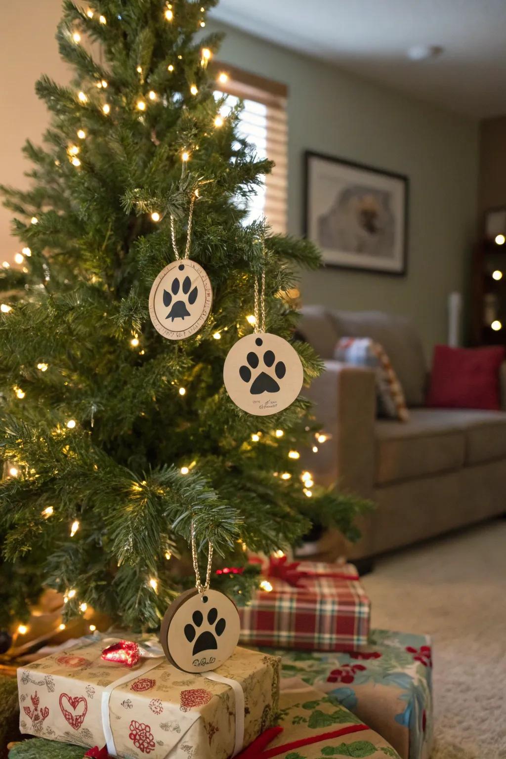 Handcrafted paw print decorations adding a personal touch to a Christmas tree.