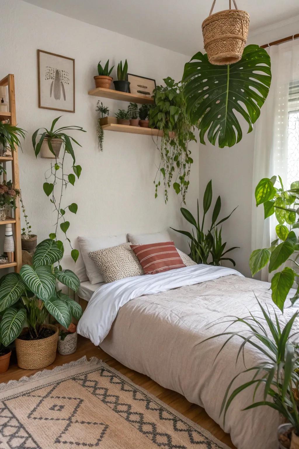 A bedroom showcases indoor plants for a revitalizing touch of the outdoors.