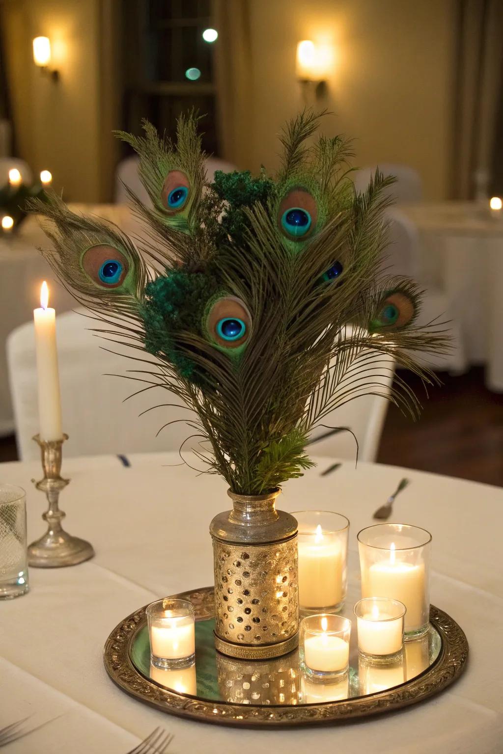A refractive centerpiece that accentuates the splendor of plume bird quills.